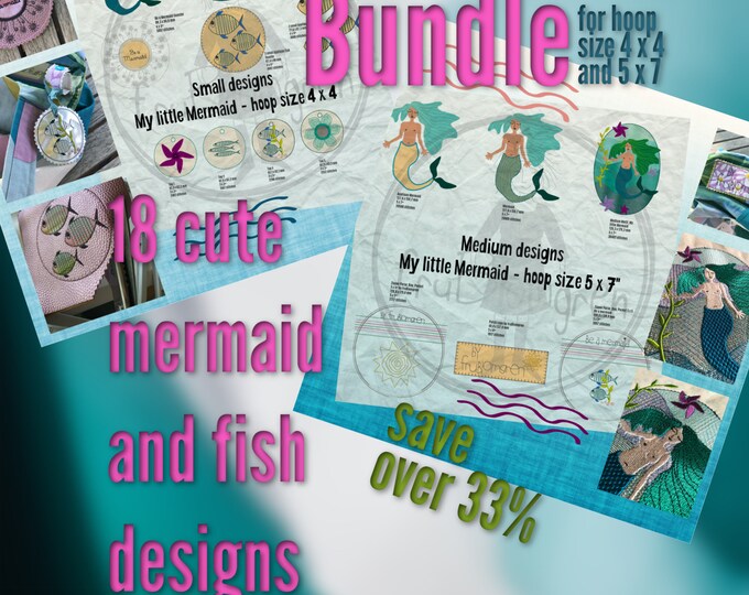 Big Bundle - save over 33% - Small/Medium My Little Mermaid Designs - 18 detailed, hand drawn designs - for hoop size 4 x 4 and 5 x 7"