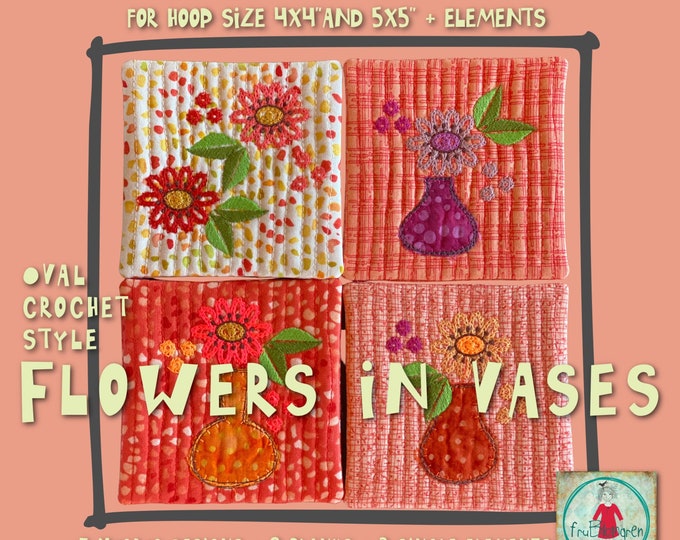 Small Coasters ITH Crochet style - 7 Charming Coasters ITH for hoop size 4x4 & 5x5 with hand drawn Crochet Style Flowers + 5 single designs