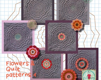 Flowers and Quilt Patterns 4 of 6 - Hand drawn Quilt patterns with and without flowers for hoop size 8x8 and hand drawn embroidery flowers
