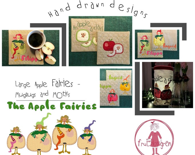 ITH LARGE MugRugs and Motifs with my Apple Fairies: Filippa and Ingrid - 6 different MugRugs for the 8 x 8" hoop + 6 Apple Fairy Motifs