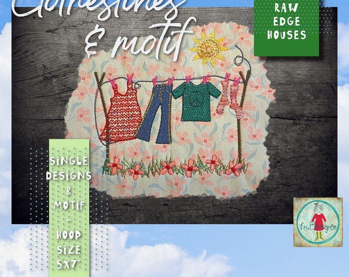 Machine Embroidery Clotheslines with hand drawn garments blowing in the wind - for hoop size 5x7" - 13 x 18 cm - combine with my houses