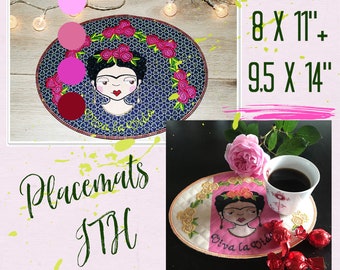 PLACEMATS ITH for Large and Large Hoop sizes - with my hand drawn Flower Frida - a detailed and feminine motif - 2 sizes for XL hoops