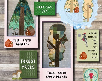 Raw edge Appliqué trees FROM THE FOREST for hoop size 5x7" - A fir with a squirrel and an oak with a woodpecker - detailed and fun designs