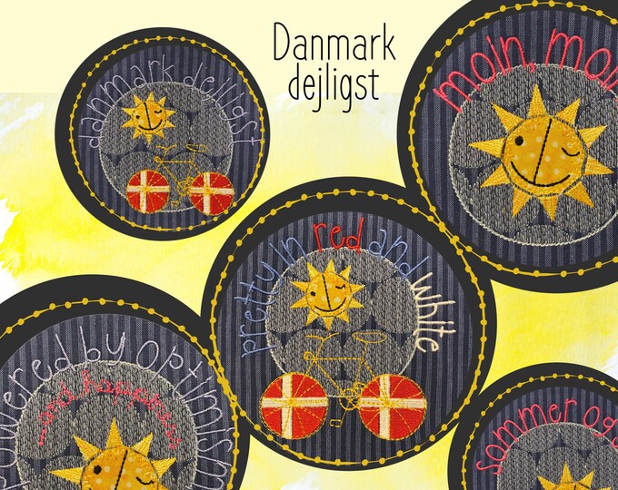 5 Round Machine Embroidery designs - Summer and Sun - Tour de France - Denmark - Powered by optimism and happiness
