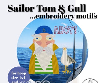 SAILOR TOM & GULL - Design pack with motifs and texts - 9 detailed machine embroidery designs with my Handdrawn Sailor Tom and his Gull
