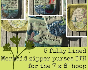 5 ITH fully lined Mermaid Zipper Purses for the 7 x 8" - 18 x 20 cm hoop - Machine embroidery and appliqué designs for making cute purses