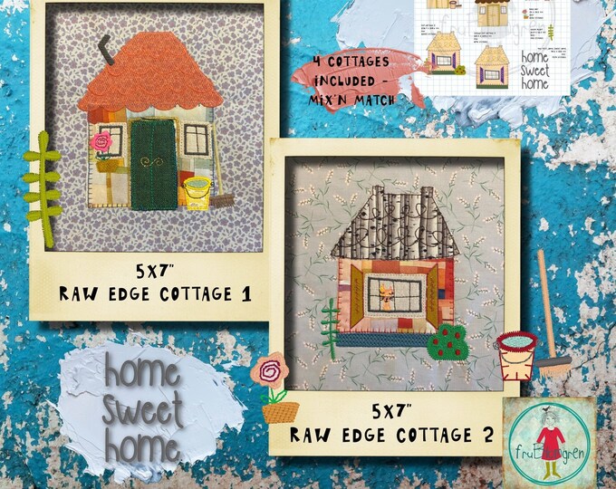 5x7 Raw edge Appliqué Cottages to make on your embroidery machine - Super fun and easy to make, you get 4 house and elements to mix'n match