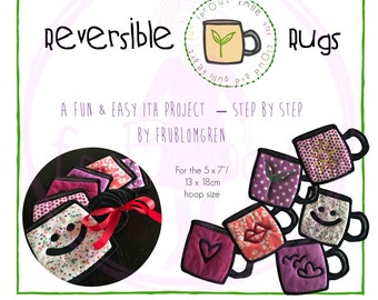 6 Easy Made REVERSIBLE Mug Rugs ITH for your Embroidery Machine - 6 Bold motifs, looking great on both sides, so the Mug Rugs are reversible