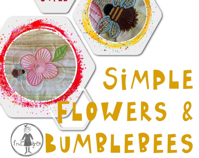 14 Flowers & Bumblebees - Crochet style - Hand drawn Machine Embroidery and Appliqué Flowers and cute Bumblebees for your summer projects