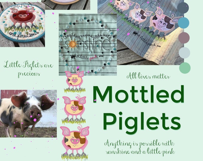Mottled Piglets - Cute, hand drawn designs - 3 single piglets, an XLarge motif, 3 circle frames of dots AND 2 cute bonus designs with hints