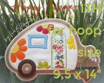XL PLACEMAT ITH - Happy Camper - Appliqué design of my Happy Camper with flowers - for the 9,5 x 14" hoop - finished size 23,5 x 33,5 cm