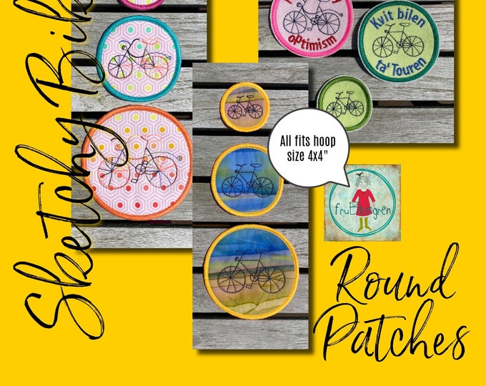 Round Patches with my Sketchy bikes - designs for your embroidery machine - for bike lovers - hoop 2x2" to 4x4" - Fill stitches and appliqué
