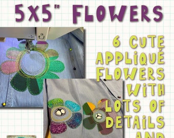 6 COOL APPLIQUÉ FLOWERS to make on your embroidery machine - hand drawn, doodle-style, with lots of details - for hoop size 5x5" - 13x13 cm