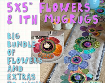 Appliqué Flowers BIG BUNDLE - 5x5" Appliqué Flowers and ITH MugRugs and Coasters - 20 designs to mix and match - for hoop 4x4, 5x5 and 6x6