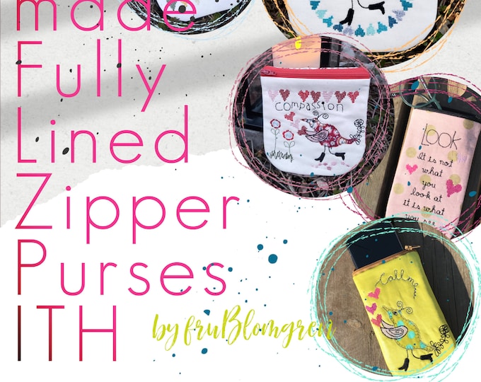 5 Easy Made Fully Lined ZIPPER PURSES ITH with cute hand drawn Heart and Birds Motifs and texts - 5 sizes and shapes from 5 x 7 - 8 x 8
