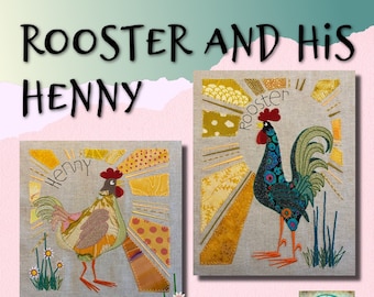 ROOSTER and his HENNY - for larger hoops - detailed, hand drawn appliqué and embroidery rooster and hen motifs for Chicken lovers