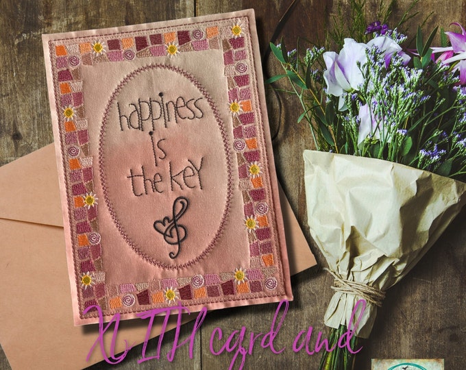 Xlarge Mosaic style ITH Card DIY for your embroidery machine with the text: Happiness is the key + an XL mosaic frame, borders and texts