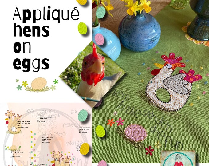 Hen on eggs ... Appliqué designs for your embroidery machine - Cute, hand drawn hens, nesting and with eggs... for hoop size 5x7" and up