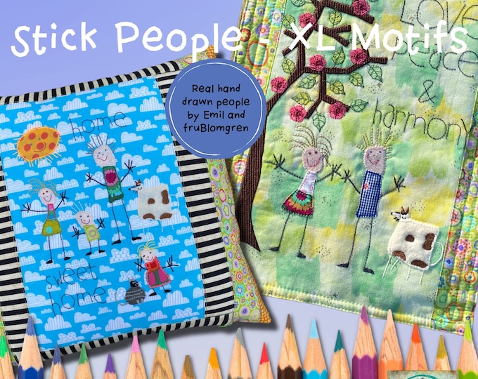 3 XL Machine Embroidery designs - a mix of embroidery and appliqué with my cute and whimsical, hand drawn Stick People for hoop size 8x11