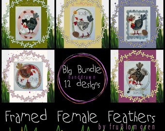 BIG BUNDLE, Save 40% - all 5 packs of my hand drawn Hen beauties in Framed Female Feathers: Cindie, Dorothy, Lucy, Peggy and Rosalie