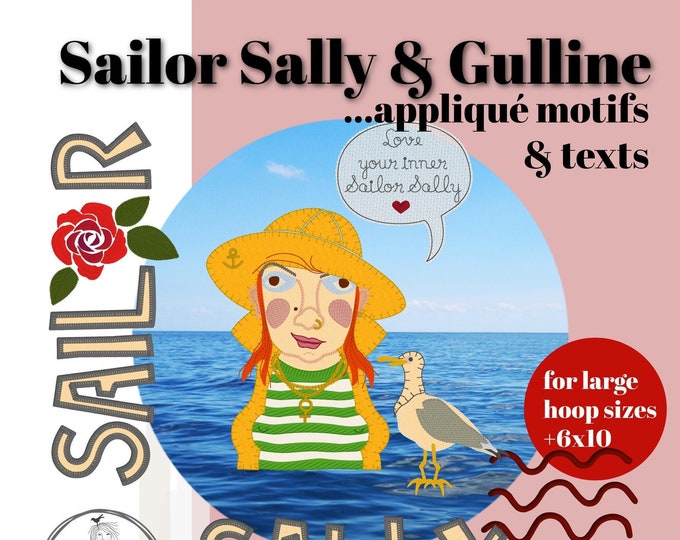 XL Bundle of 14 FABULOUS APPLIQUE Designs and Texts with the appliqué version of my Sailor Sally - detailed, handdrawn for big hoops incl.