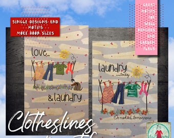 Clotheslines - Mix of stitches and Appliqué - hand drawn designs - whimsical garments - cute text motifs - great for garden flags