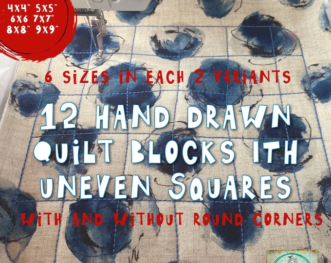 12 Hand drawn Quilt Blocks - Square with uneven squares - with and without round corners - 6 sizes of each variant - from hoop 4x4" to 9x9"