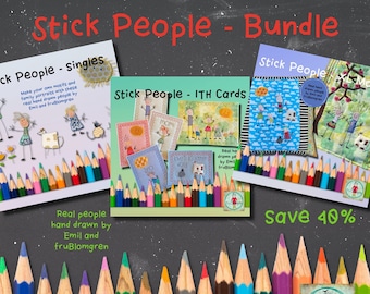 Stick People Bundle - ALL three of my design packs with hand drawn, whimsical STICK PEOPLE by Emil and fruBlomgren, save 40%, 23 designs inc