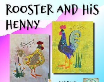 ROOSTER and his HENNY - detailed, hand drawn appliqué and embroidery rooster and hen motifs for Chicken lovers