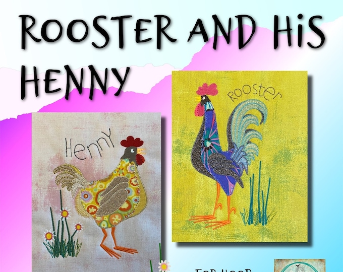 ROOSTER and his HENNY - detailed, hand drawn appliqué and embroidery rooster and hen motifs for Chicken lovers