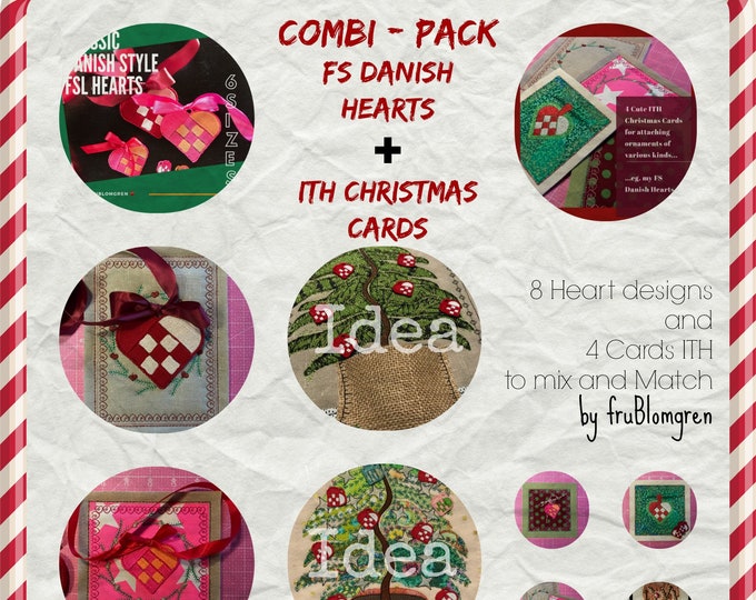 Price worthy Combi-Pack: 8 FS Danish Heart designs + 4 ITH Christmas ITH Card designs for mix and match. Make little ornaments and cards