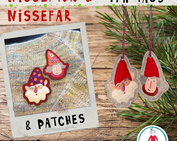 Nissefar and Nissemor - ITH Tags, Patches and motifs - for hoop size 5x7" - Danish nisser to make on your embroidery machine