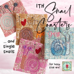 May include: Four embroidered snail coasters with different designs. The coasters are made of fabric and feature a variety of colors, including pink, blue, green, and brown. The coasters are designed for a 4x4 inch hoop.