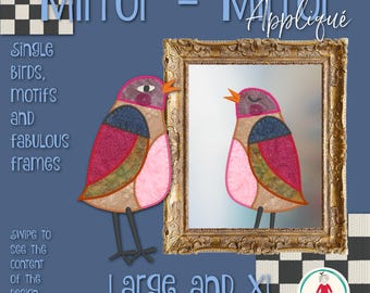 New Embroidery Spring Birds - Mirror - Mirror | Large-XL | Appliqué Machine Embroidery Design Pack | Hand drawn birds, motifs and frames