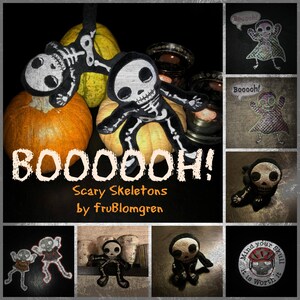 Puede incluir: Un collage de imágenes con juguetes de esqueleto de fieltro hechos a mano. Las imágenes incluyen primeros planos de los esqueletos, así como algunos de ellos posados sobre calabazas. El texto "BOOOOOH! Scary Skeletons by fruBlomgren" aparece en el centro del collage.