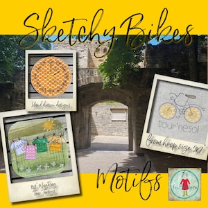 May include: A collage of embroidery designs featuring a bicycle, a clock with bees, and a clothesline with shirts. The designs are labeled "Sketchy Bikes", "tour'nesol", "from hoop size 5x7", "808 Mug Rug Tour Jerseys", and "Motifs".