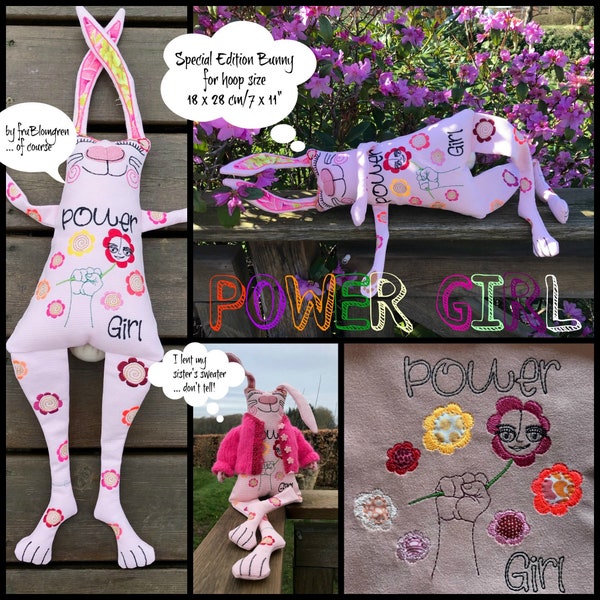 XL Softie Bunny ITH, Special Edition 'Power Girl Bunny' with flowers in her hair and a powerful message on her body, Rag Doll Style Doll ITH