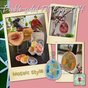 Może przedstawiać: Dwustronne filcowe jajka w stylu mozaiki. Jajka są ozdobione kolorowymi geometrycznymi wzorami i białym kwiatem. Jajka wiszą na gałęzi i drewnianej figurce kurczaka.