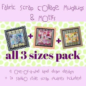 Op de afbeelding: Een set van drie patchwork-theedoekpatronen van stofresten, elk met een ander kleurenschema. De patronen zijn getiteld "Fabric Scrap Collage Mugrugs & Motifs" en tonen een berenomhelzingontwerp. De set bevat 9 unieke handgetekende ontwerpen en 24 stofresten in sashiko-stijl.