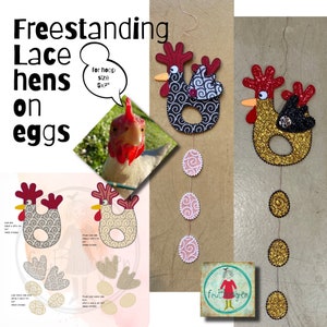Funky Freestanding Lace Hens on Eggs - 2 variants - one prepared for shiny foil/Mylar - the other in various kinds of stitches - hoop 5x7&quot;
