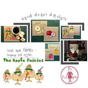 Könnte beinhalten: Ein Set aus vier apfelförmigen Untersetzern mit gestickten Apfelfeen. Die Untersetzer sind aus Stoff und haben eine gesteppte Textur. Die Feen tragen rote, rosa und grüne Kleidung. Der Text "The Apple Fairies" ist in einer dekorativen Schrift unter den Untersetzern geschrieben.