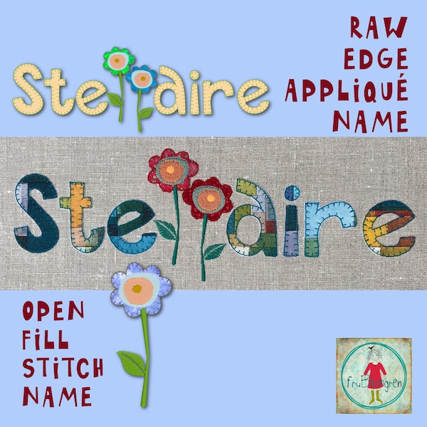 Raw Edge Appliqué/Open stitch Text designs - Stellaire - Title deco - for machine covers - with/without flowers - 4 variants - XXL hoops