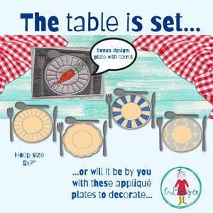 5 handdrawn fruBlomgren Appliqué Plates with Cutlery - The table is set  hoop size 5x7&quot; - decorate them as you like - for cute kitchen decor