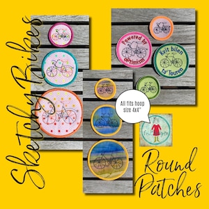 Round Patches with my Sketchy bikes - designs for your embroidery machine - for bike lovers - hoop 2x2&quot; to 4x4&quot; - Fill stitches and appliqué