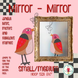Può includere: Un pacchetto di disegni di ricamo digitale con due uccelli stilizzati che si guardano in uno specchio. Gli uccelli sono rossi, rosa, marroni e neri. Il design è per un cerchio da 5x7 pollici ed è etichettato come "piccolo/medio".