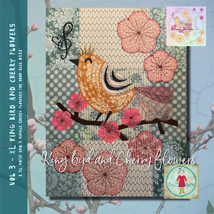 May include: A colorful embroidery design featuring a bird perched on a branch with pink cherry blossoms. The design is titled "King Bird and Cherry Flowers" and is for an 8x11 hoop.