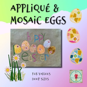 Może przedstawiać: Wzór haftu Appliqué i Mozaika Jajek dla różnych rozmiarów obręczy. Projekt zawiera napis Wesołych Świąt Wielkanocnych z kolorowymi jajkami i kwiatami.