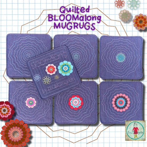 7 Quilted Flower MugRugs ITH - BLOOMalong by fruBlomgren - Easy made in hoop size 8x8" - 20x20 cm - can also be used for making Potholders