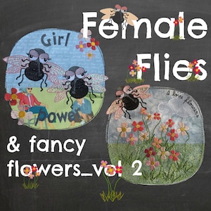 Puede incluir: Dos diseños bordados con moscas hembra y flores. El primer diseño muestra dos moscas con alas rosas y el texto "Girl Power". El segundo diseño muestra una mosca con alas rosas y el texto "Me encantan las flores".