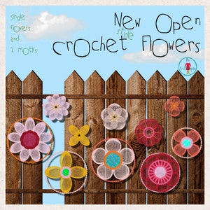 May include: A wooden fence with nine crocheted flowers hanging on it. The flowers are in various colors, including pink, red, yellow, and blue. The text "New style crochet flowers" is written above the fence.